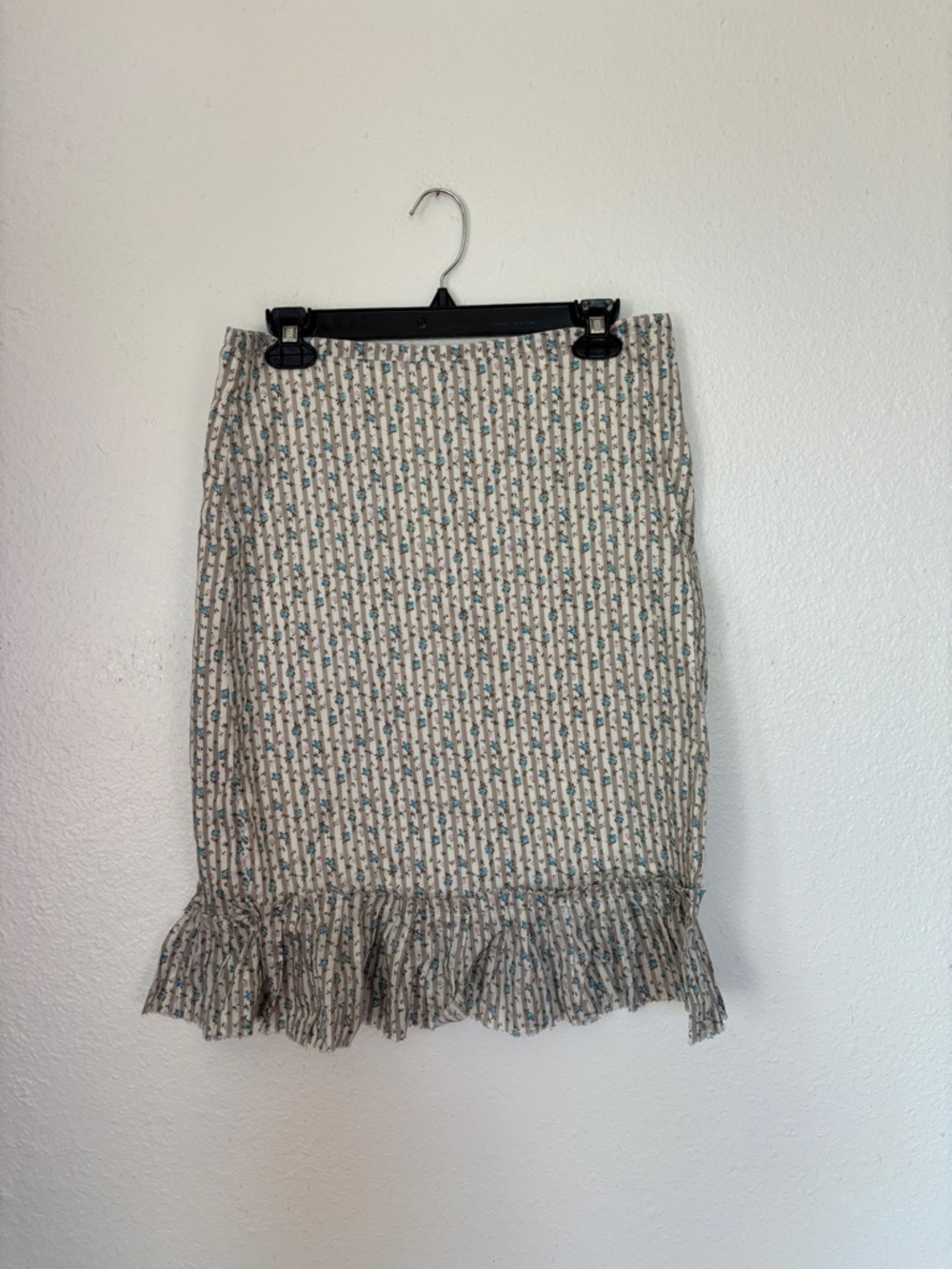 Y2K Cotton Boho Free People Floral Striped Ruffle Frayed Hem Midi Skirt